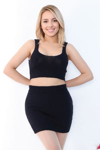 Black Plain Ribbed Knit Mini Skirt Close View