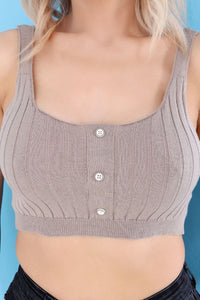 Grey Front Button Rib Crop Tank Top close view