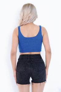 Blue Front Button Rib Crop Tank Top back