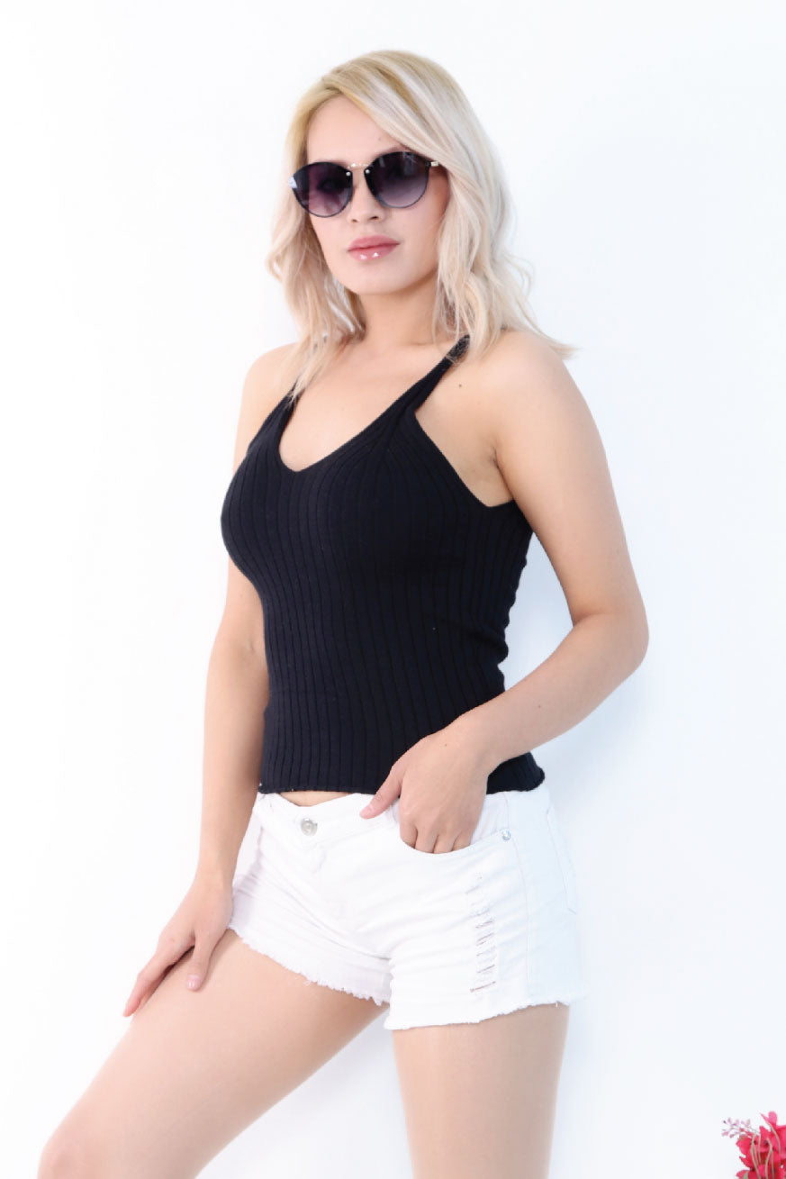 Black Rib Knitted Tank top Front